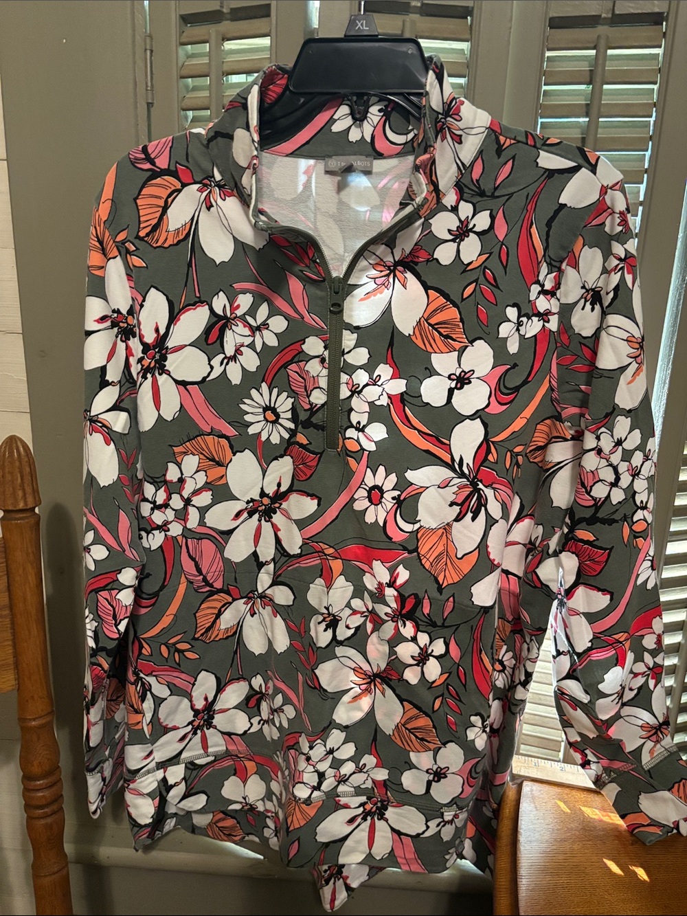 Talbots Olive Green Floral Half-Zip Sweatshirt with White, Pink & Orange Blooms